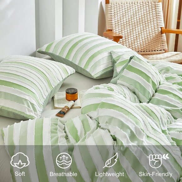 WARMDERN White and Green Boho Duvet Cover King Size, Striped Tufted Duvet Cover - Picture 3 of 8